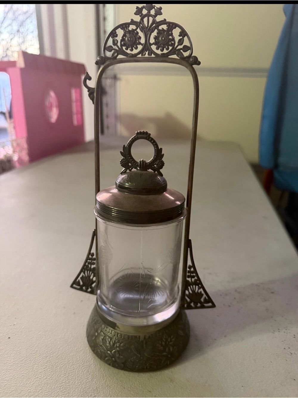 Antique-Style Brass and Clear Glass Decorative Pickle Castor